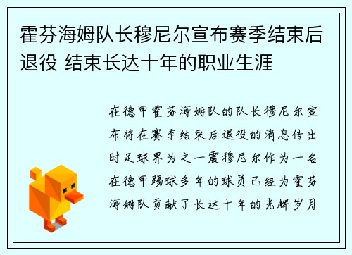 霍芬海姆队长穆尼尔宣布赛季结束后退役 结束长达十年的职业生涯