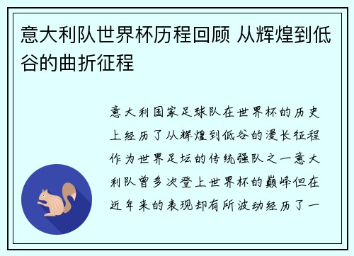 意大利队世界杯历程回顾 从辉煌到低谷的曲折征程