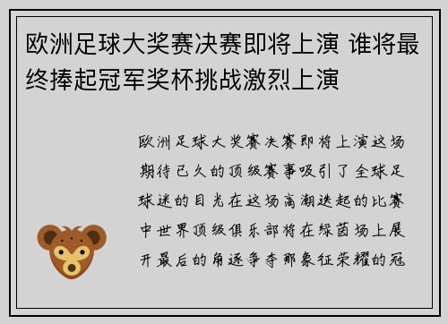 欧洲足球大奖赛决赛即将上演 谁将最终捧起冠军奖杯挑战激烈上演