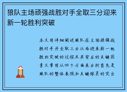 狼队主场顽强战胜对手全取三分迎来新一轮胜利突破