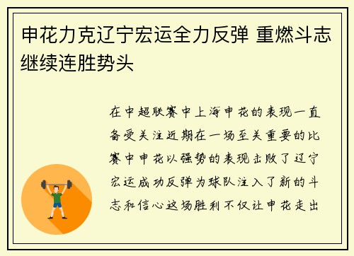 申花力克辽宁宏运全力反弹 重燃斗志继续连胜势头