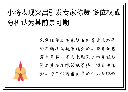小将表现突出引发专家称赞 多位权威分析认为其前景可期