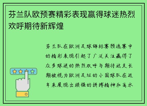 芬兰队欧预赛精彩表现赢得球迷热烈欢呼期待新辉煌
