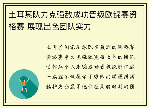 土耳其队力克强敌成功晋级欧锦赛资格赛 展现出色团队实力