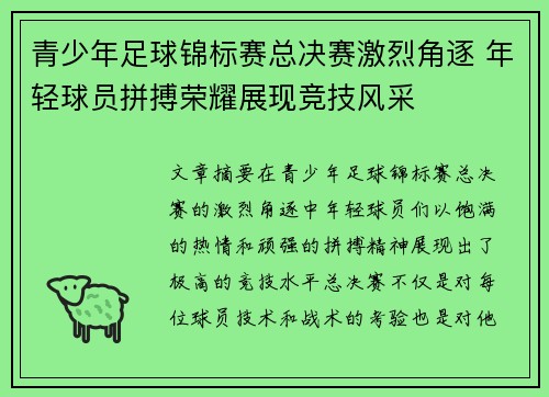 青少年足球锦标赛总决赛激烈角逐 年轻球员拼搏荣耀展现竞技风采