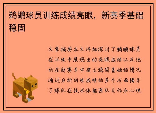 鹈鹕球员训练成绩亮眼，新赛季基础稳固