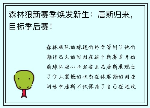 森林狼新赛季焕发新生：唐斯归来，目标季后赛！