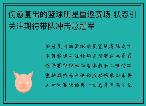 伤愈复出的篮球明星重返赛场 状态引关注期待带队冲击总冠军