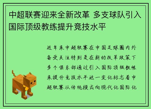 中超联赛迎来全新改革 多支球队引入国际顶级教练提升竞技水平
