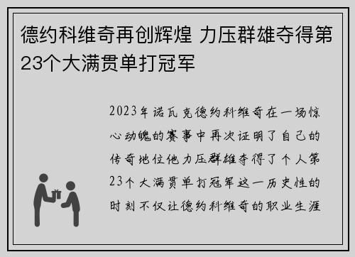 德约科维奇再创辉煌 力压群雄夺得第23个大满贯单打冠军