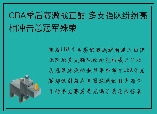 CBA季后赛激战正酣 多支强队纷纷亮相冲击总冠军殊荣