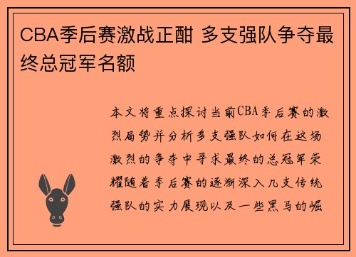 CBA季后赛激战正酣 多支强队争夺最终总冠军名额
